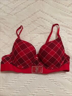 Victoria's Secret Red Plaid Push-Up Bra with Rhinestone Logo
